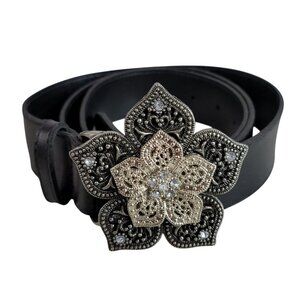 Womens Rhinestone Flower Buckle with Black Faux Leather Belt Sparkle Bling